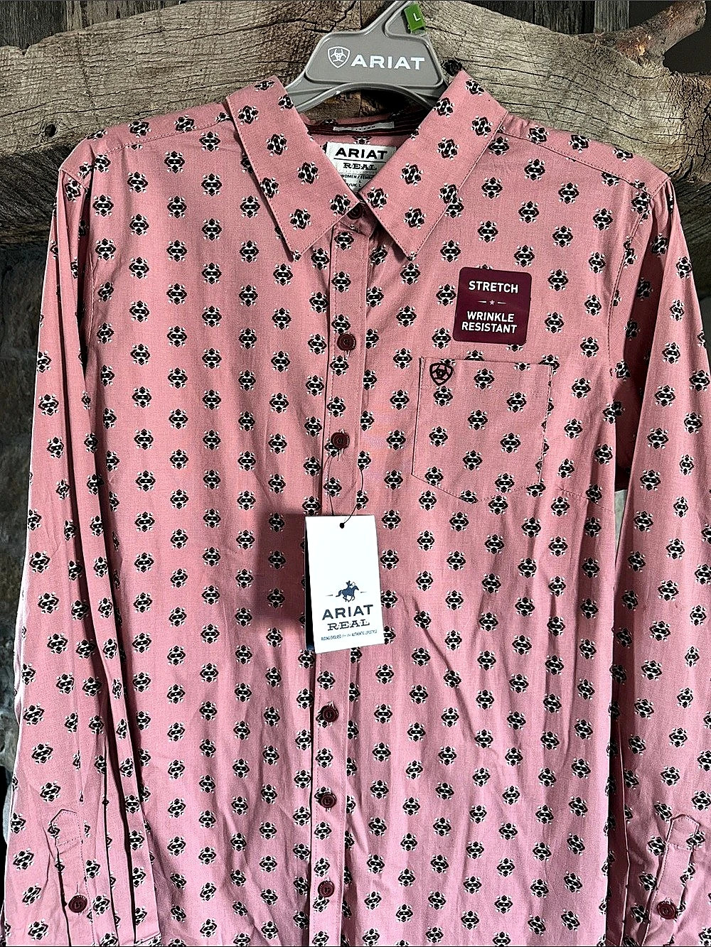 Ariat Real Fitted Western Shirt Geometric Button Down Pink & Black Large